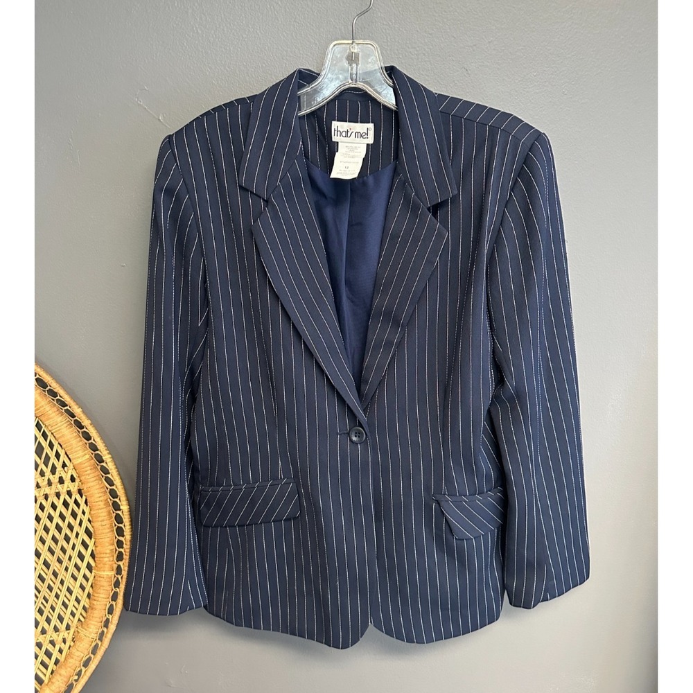 Vintage 90s That's Me Women's Size 12 Blazer Navy Pinstripe Boxy Career Jacket - Picture 2 of 5